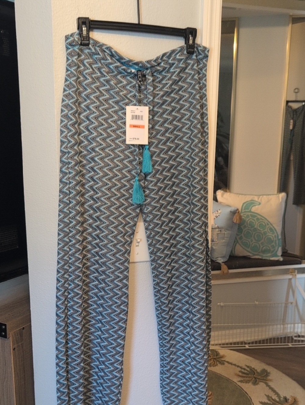 BECCA Teal & Gray Zigzag Swim Coverup Pants with Tassel Tie Brand New